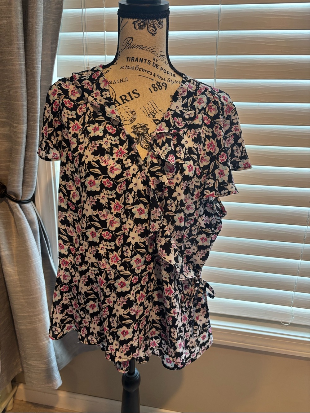 Banana Republic Black Floral Wrap Blouse with Pink Accents
